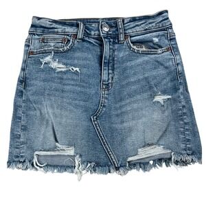 American Eagle Hi-Rise Mini Denim Skirt Size 2 Light Wash Distressed Frayed Hem